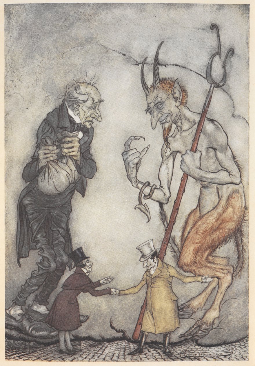 Illustration av Scrooge och djävulen kommer två små män under dem av Arthur Rackham