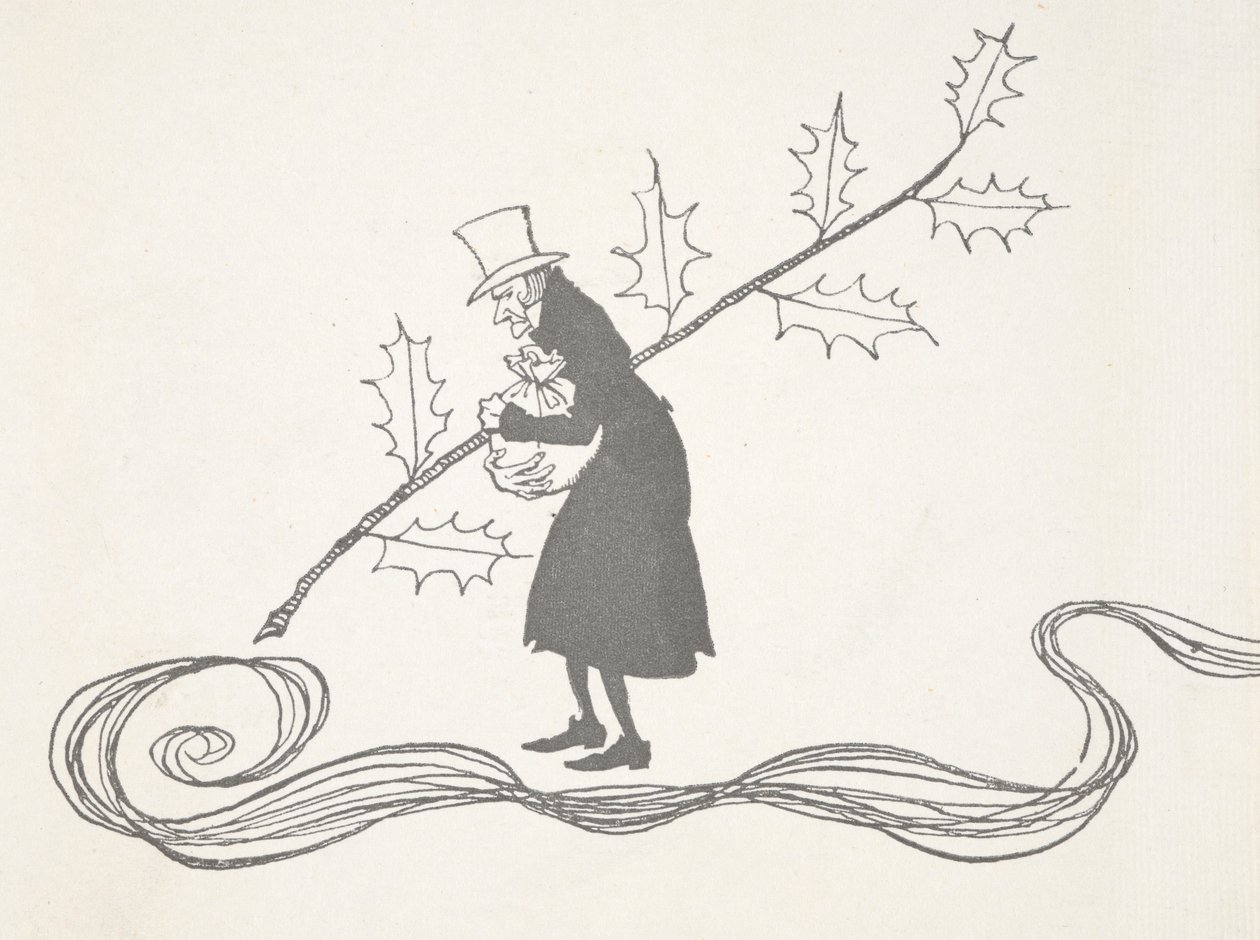 Illustration av Scrooge, avbildad av en kvist av järnek, som håller i en påse med pengar och ser arg ut. av Arthur Rackham