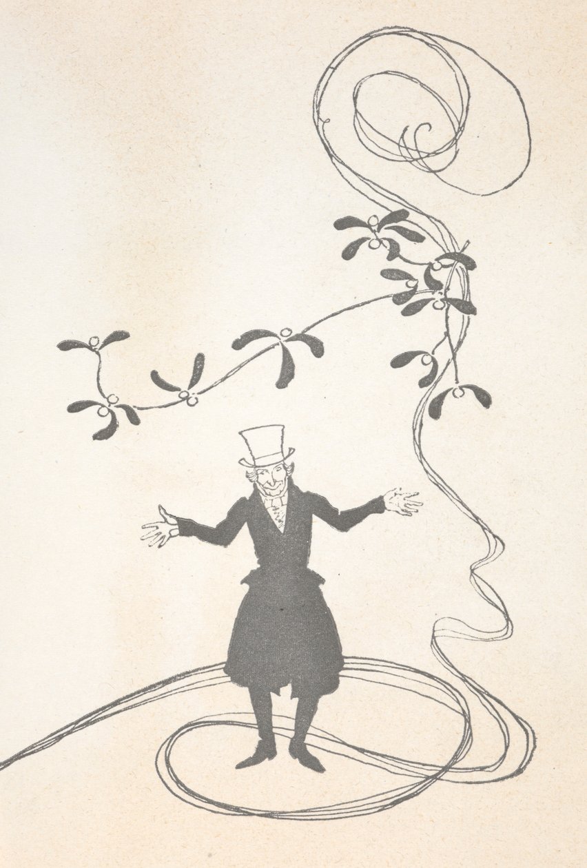 幸せそうなヤドリギの小枝で描かれたスクルージのイラスト.スウェーデン語 av Arthur Rackham