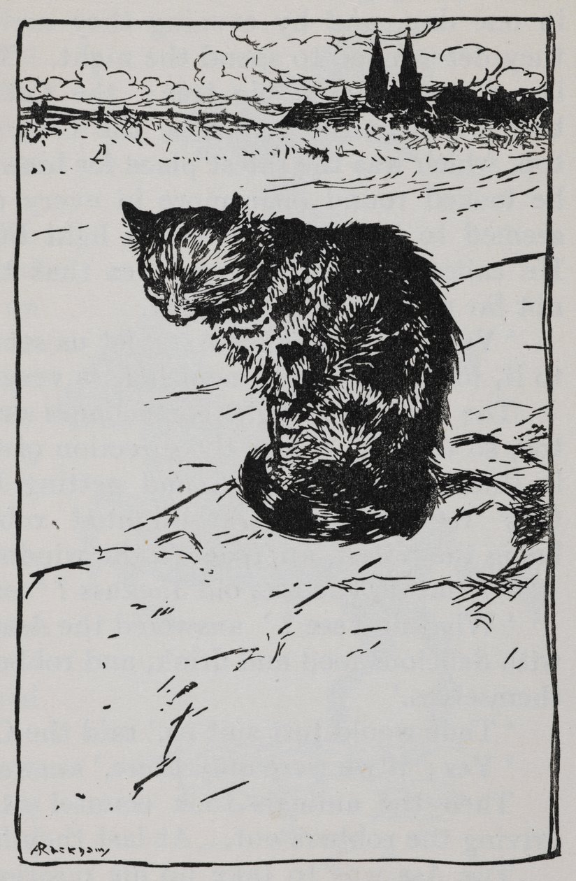 Illustration av en katt från Bremen Town Musicians. av Arthur Rackham