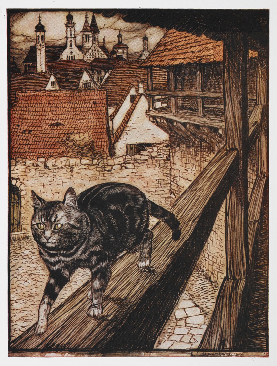 Illustration av en katt som går längs ett staket från Katten och musen i partnerskap. av Arthur Rackham