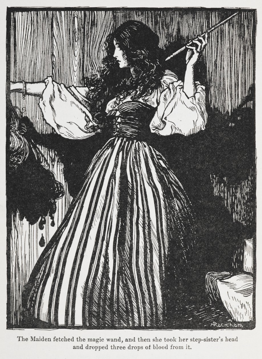 Illustration av en tjej i randig klänning från Sweetheart Roland. av Arthur Rackham