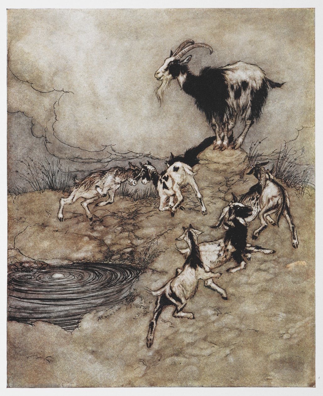 Illustration av en get och hennes unga barn som leker från Vargen och de sju ungarna. av Arthur Rackham