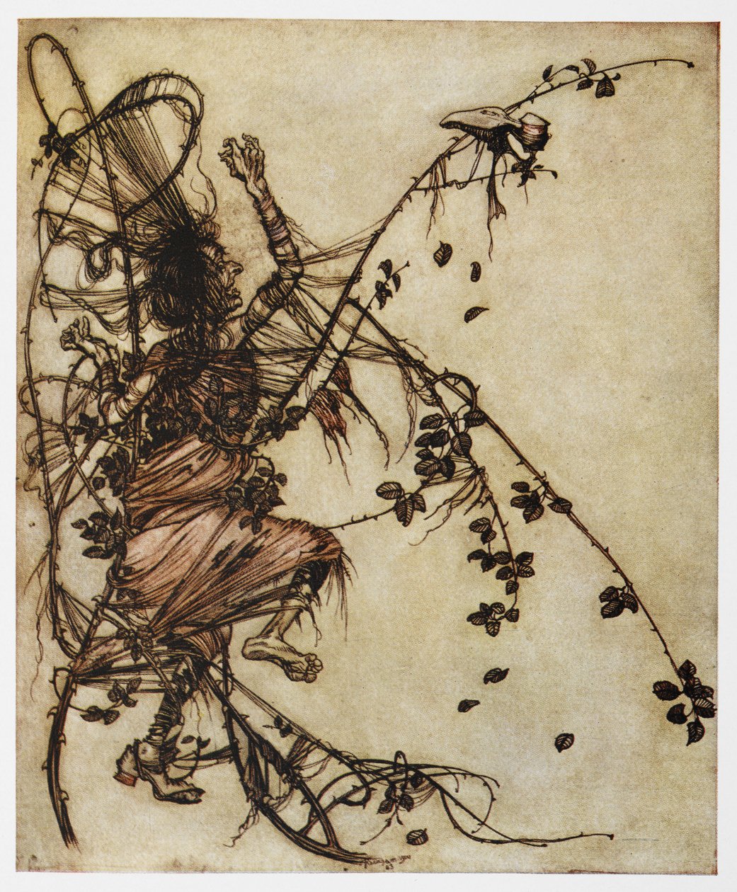 Illustration av en man instängd i törnen från Sweetheart Roland. av Arthur Rackham
