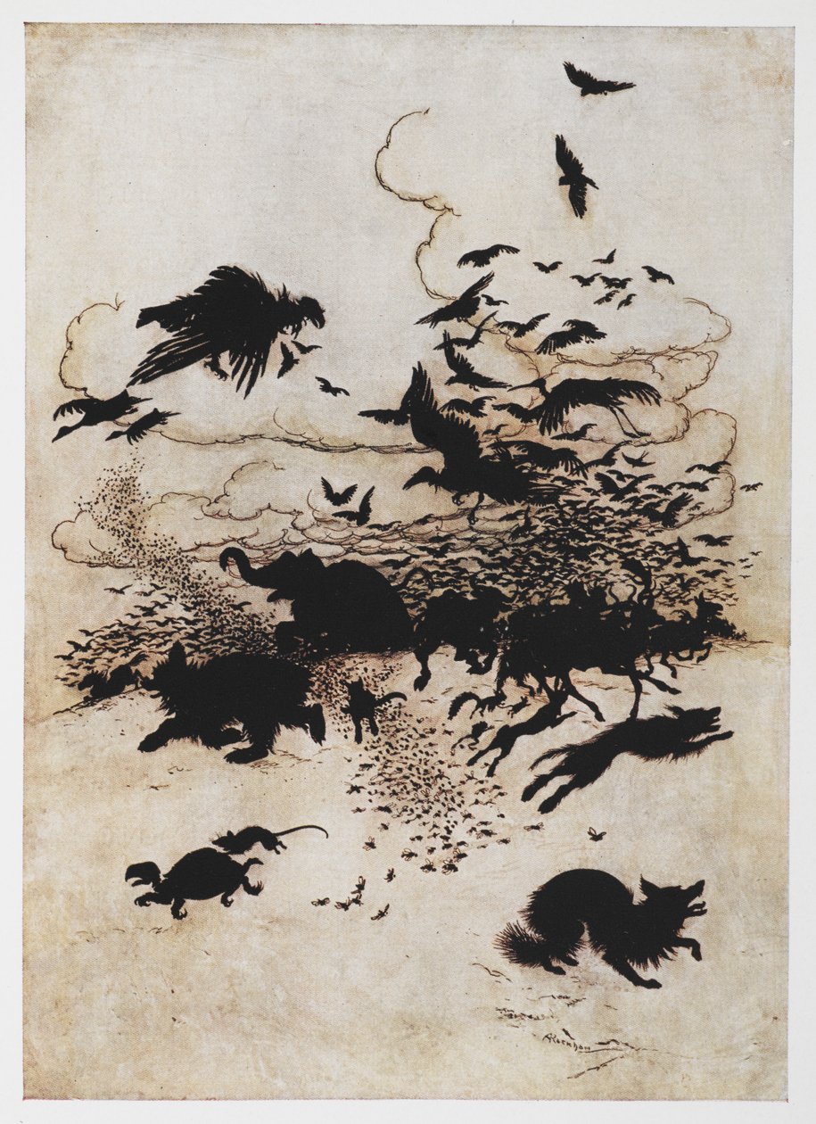 Illustration av en stämpel av djur från Wren och björnen. av Arthur Rackham
