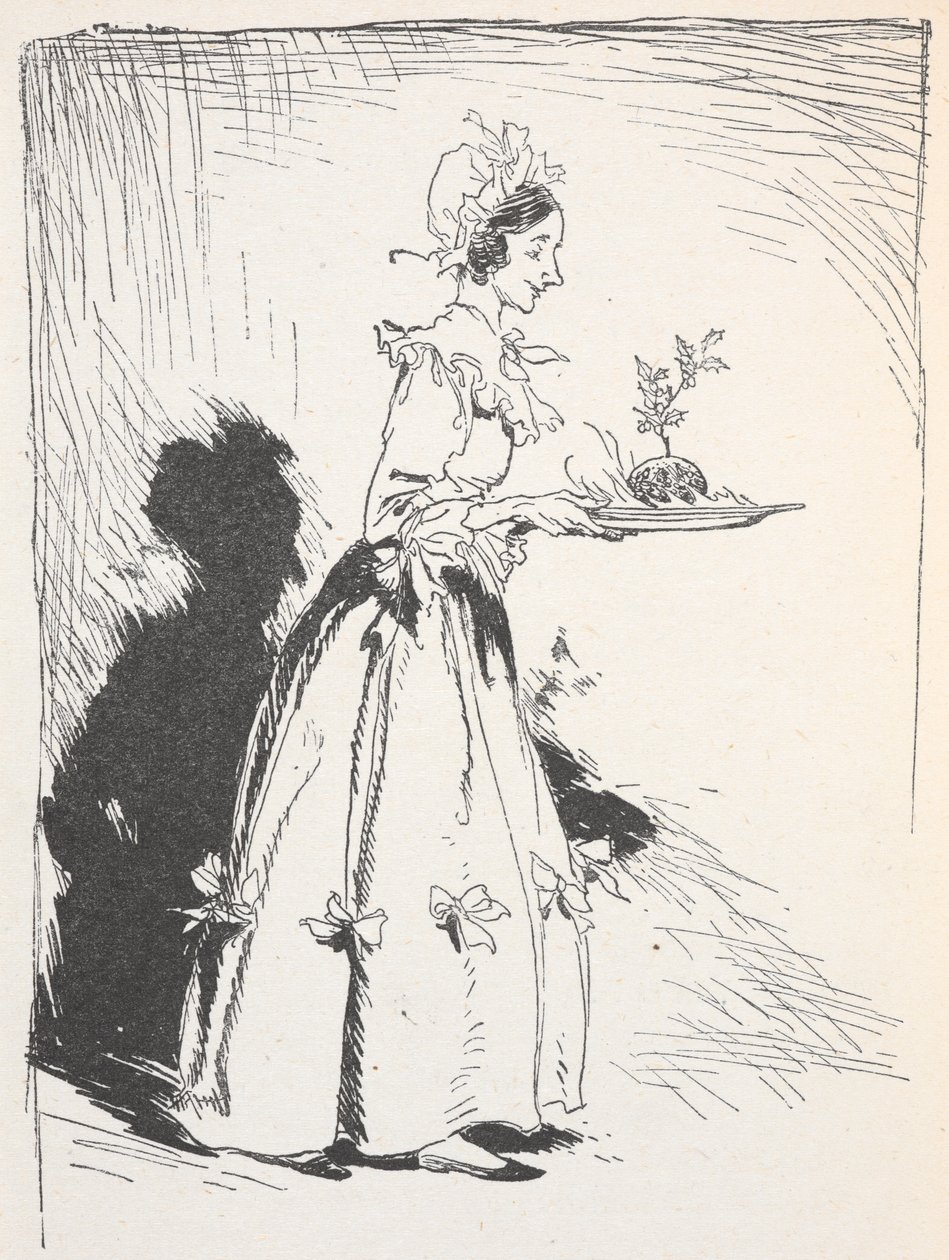 Illustration av en kvinna som bär en julpudding av Arthur Rackham