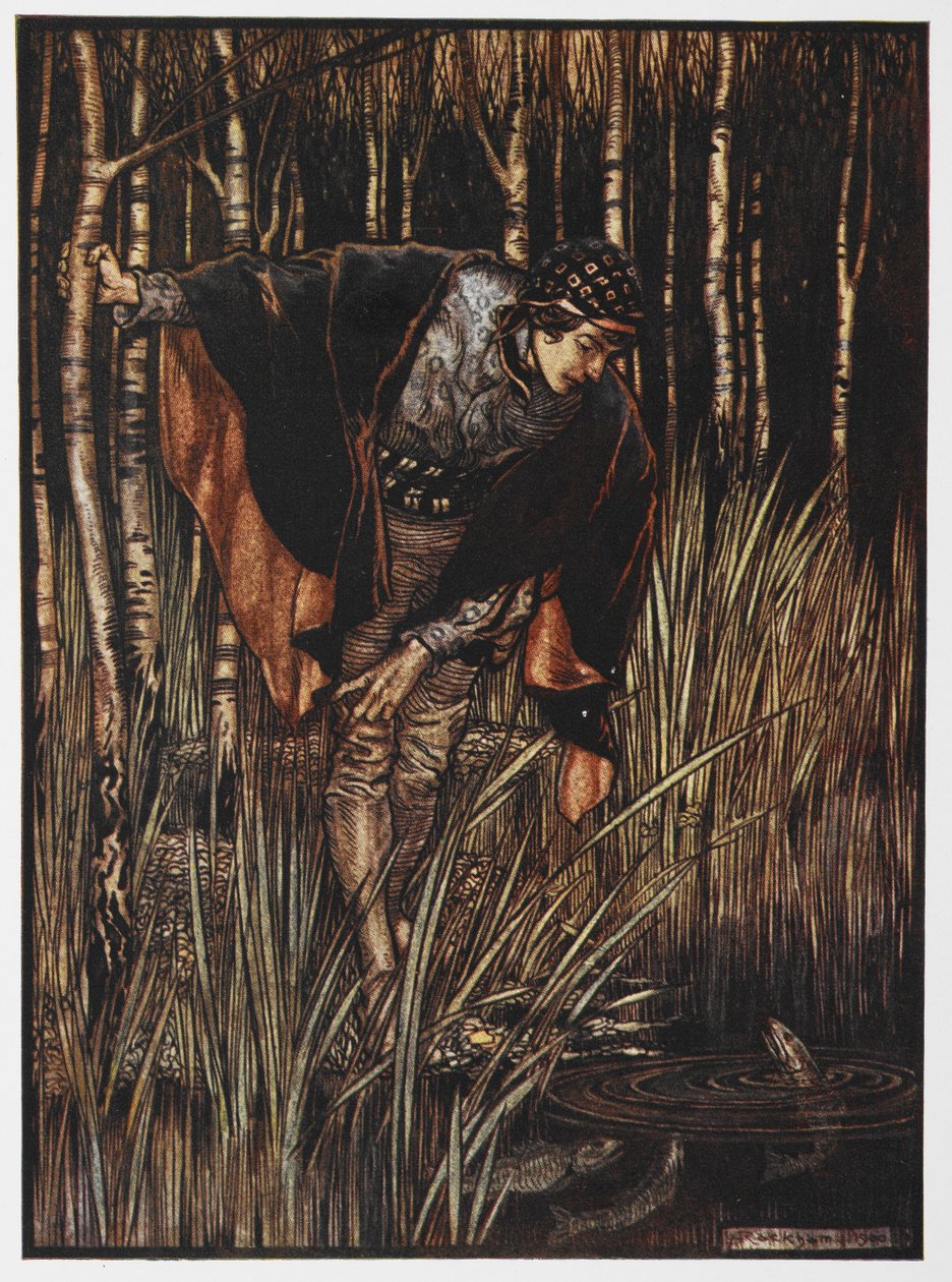 Illustration av en ungdom vid en damm från The White Snake. av Arthur Rackham
