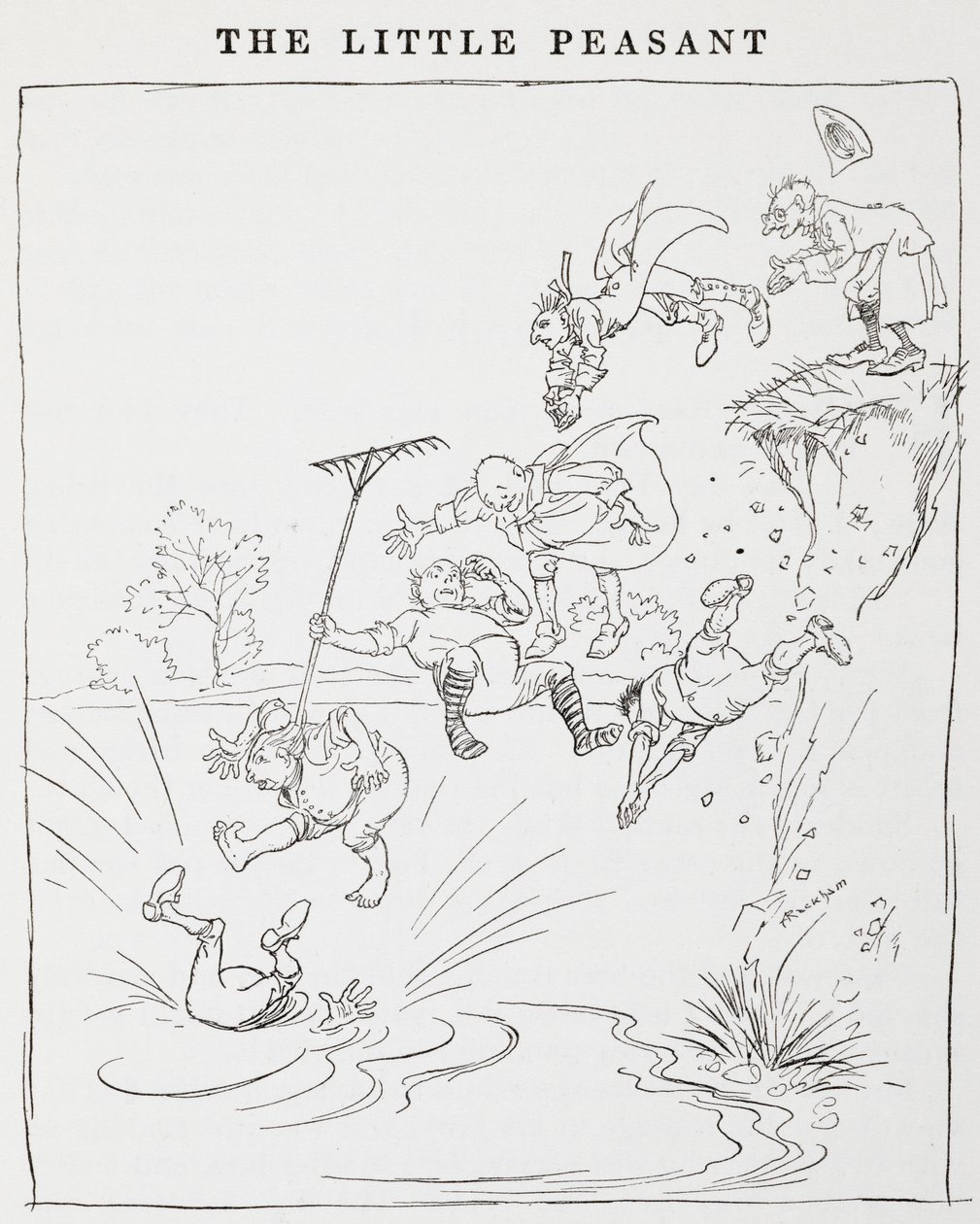 Illustration av män som hoppar från en klippa i en damm från The Little Peasants. av Arthur Rackham