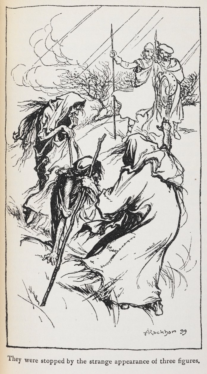 Illustration av de tre häxorna, Macbeth och Banquo. av Arthur Rackham