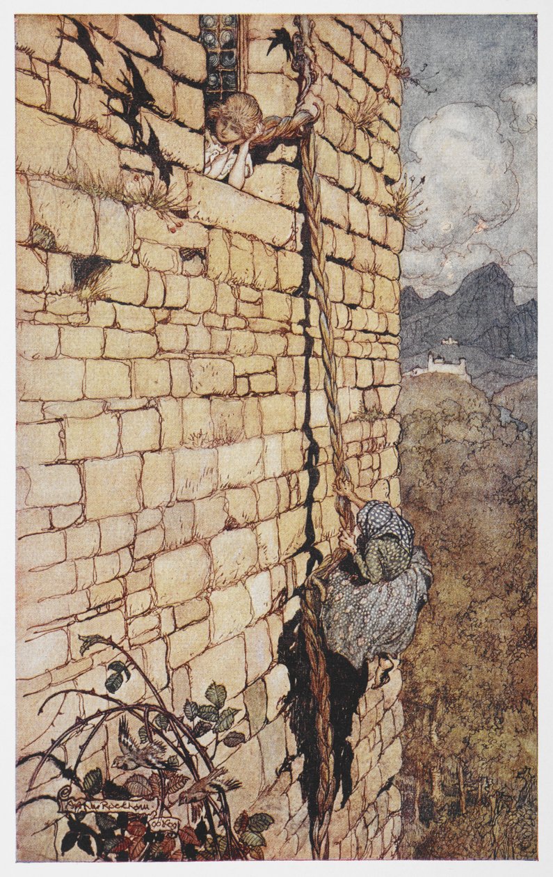 Illustration av häxan som klättrar uppför Rapunzels hår. av Arthur Rackham