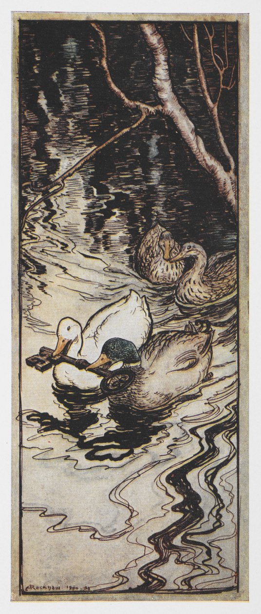 Illustration av två ankor som bär en nyckel från The Queen Bee. av Arthur Rackham