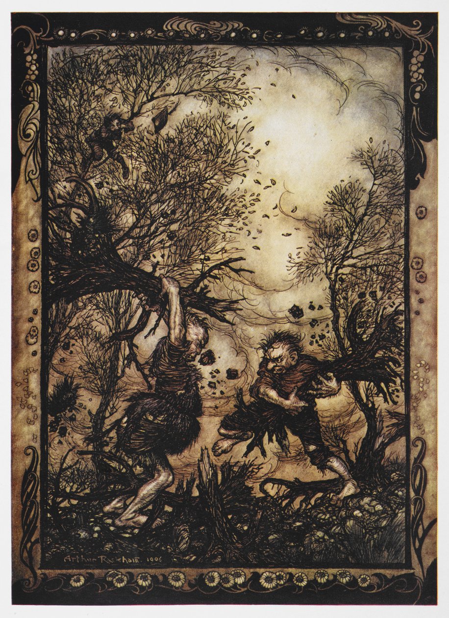 Illustration av två jättar som slåss med träd från The Valiant Tailor. av Arthur Rackham