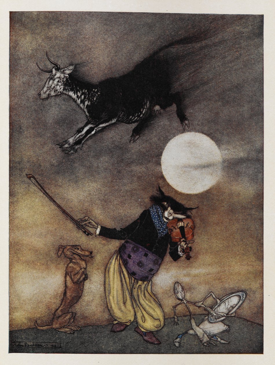 Illustration till ett barnrim. En ko som hoppar över månen. En katt som spelar fiol. En hund. En maträtt springer iväg med en sked. av Arthur Rackham