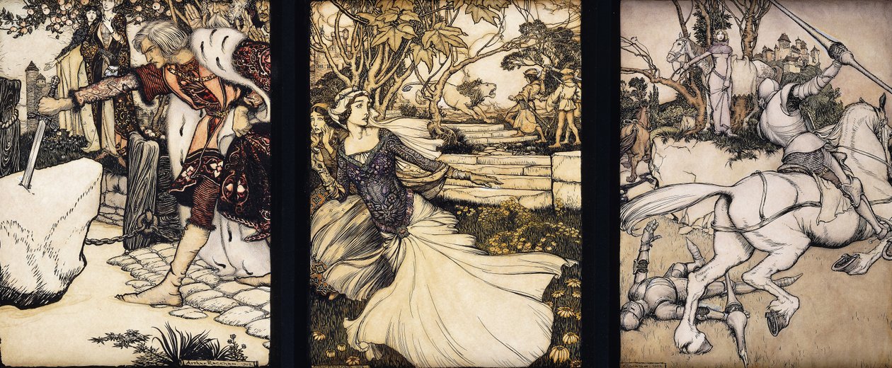 Illustrationer till The Morte d"Arthur: Sir Galahad drar Balins svärd från den flytande stenen; La Cole Male Taile dräper lejonet som hotade drottning Guenevere; och Beaumains besegrar den gröna riddaren, 1902 av Arthur Rackham