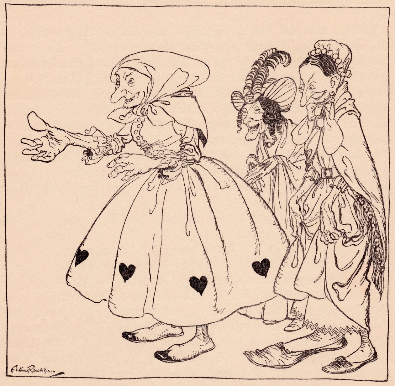 In kom de tre kvinnorna klädda på det mest äckliga sätt. Illustration av Arthur Rackham från Grimm