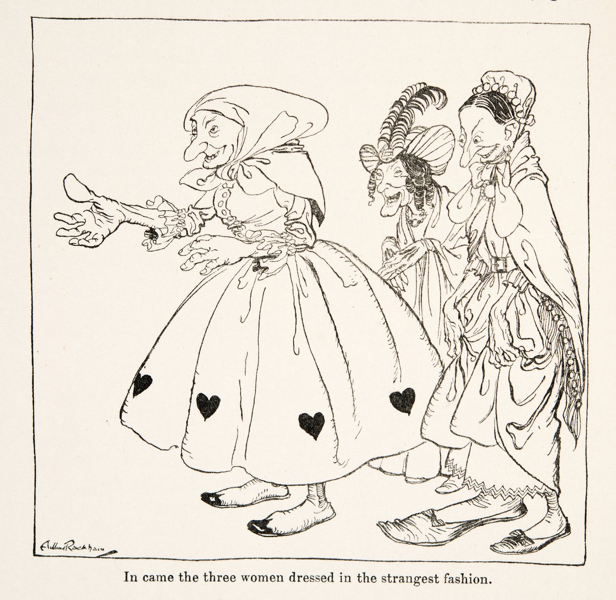 In kom de tre kvinnorna klädda på det konstigaste sätt, från Little Brother & Little Sister and Other Tales by the Brothers Grimm, pub.1917 (litho) av Arthur Rackham