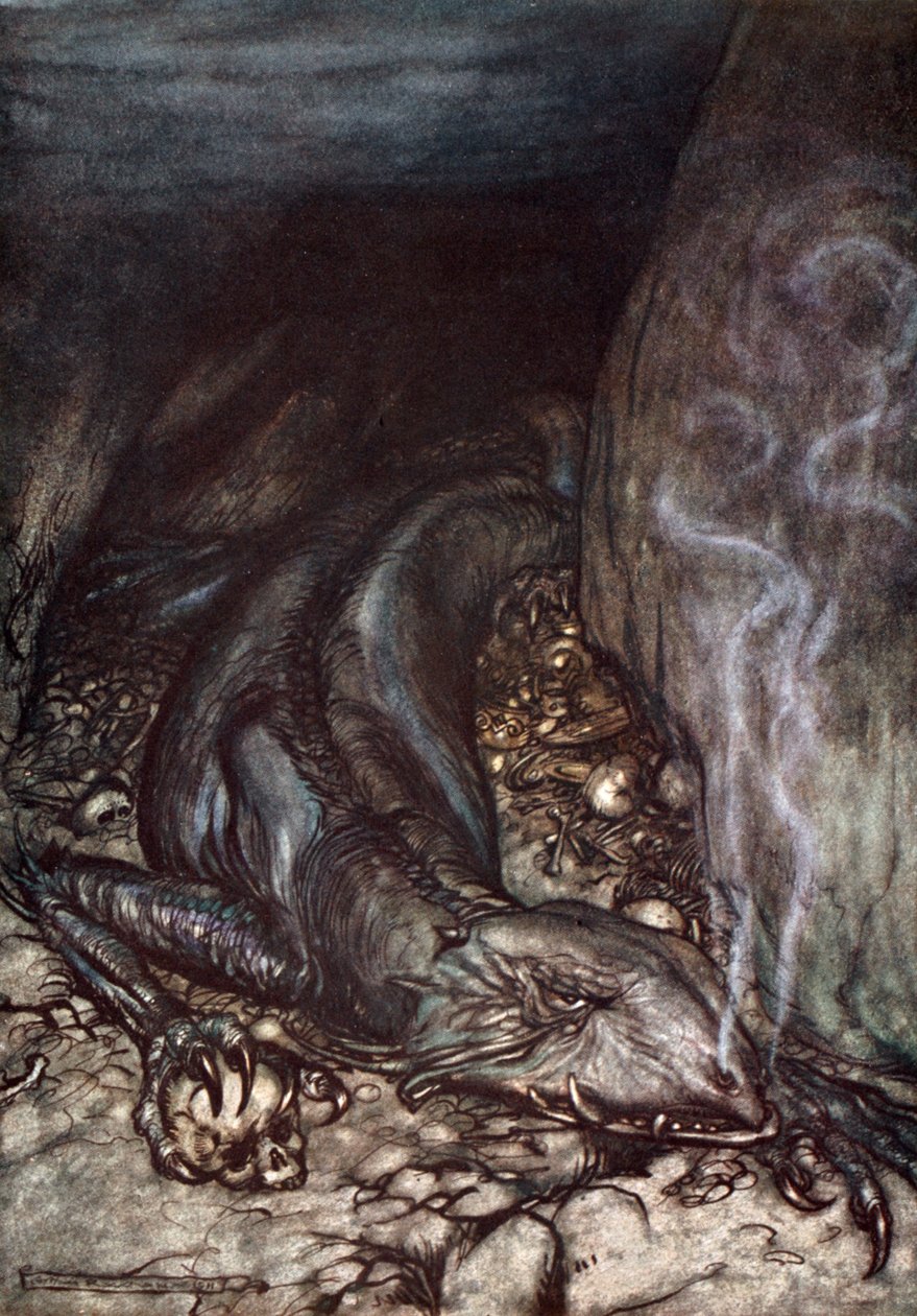 "I drakform bevakar Fafner nu skatten", 1924. av Arthur Rackham