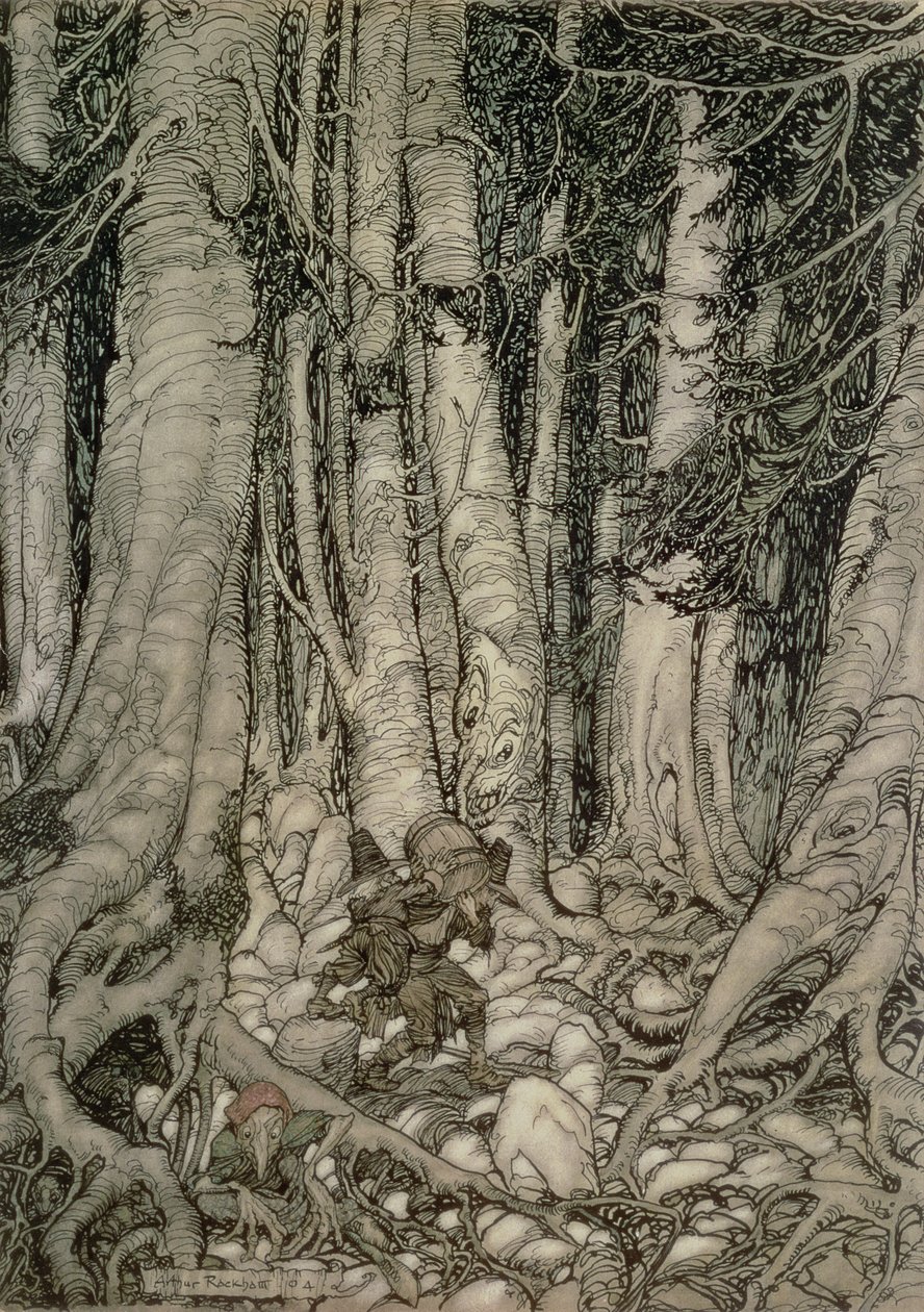 In the Forest with a Barrel från Rip Van Winkle skriven av Washington Irving (1783-1859), 1905 av Arthur Rackham