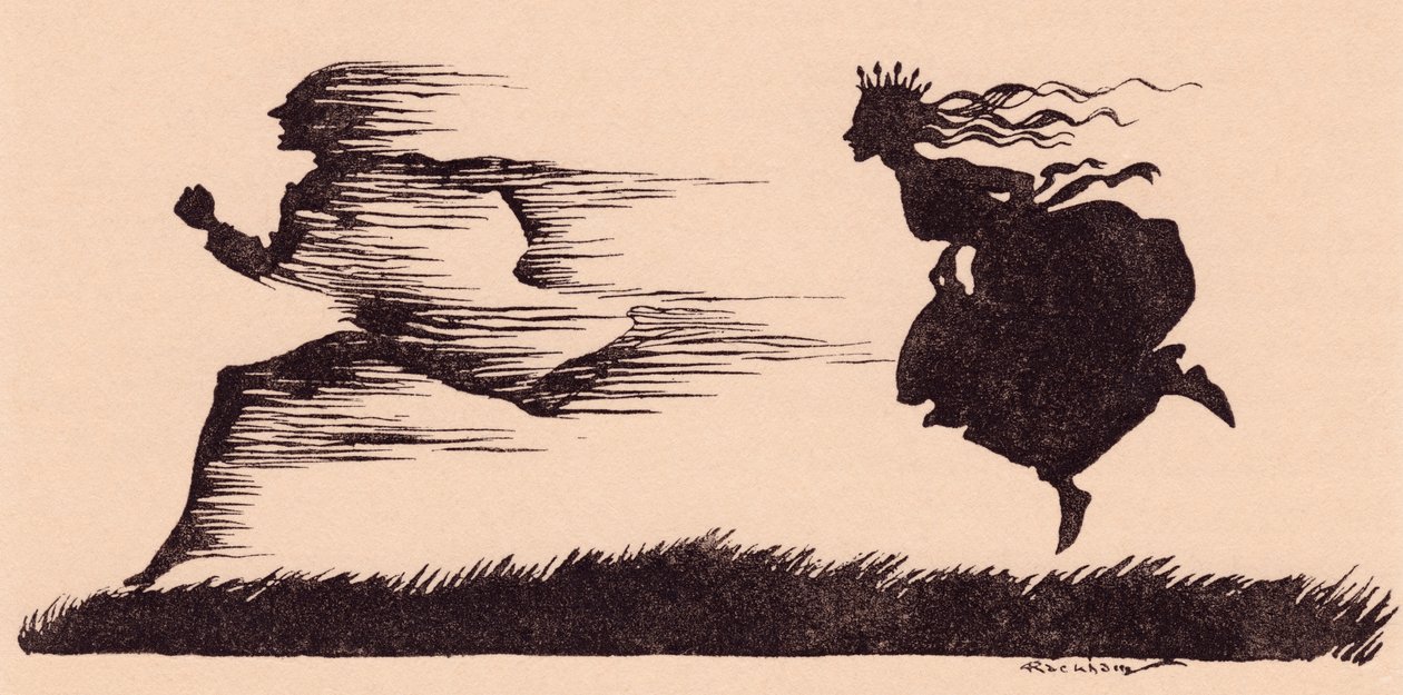 Det var precis som om vinden hade susat förbi. Illustration av Arthur Rackham från Grimms saga, hur sex män gick vidare i världen. av Arthur Rackham