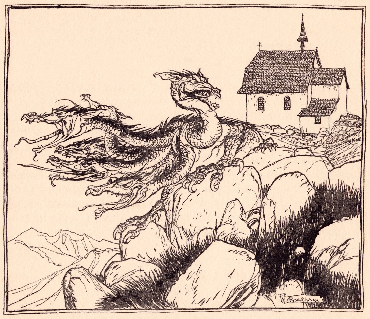 Det dröjde inte länge innan den sjuhövdade draken kom, högljutt vrålande. Illustration av Arthur Rackham från Grimms saga, de två bröderna. av Arthur Rackham