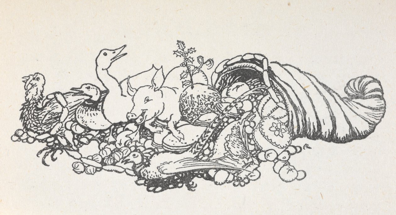 Föremål från en julfest som rinner ut från en hornform. Föremålen inkluderar en julpudding, korv, en kalkon, en gris, en anka, en fasan, en paj och frukt. av Arthur Rackham