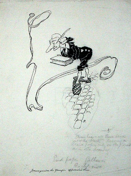 "Jorumgander den yngre lämnade sin butik och gick fram till dem med en låda med pennor som han erbjöd till försäljning", illustration från "The Zankiwank and the Bletherwitch", av S.J. Adair Fitzgerald, publicerad 1896 (penna och bläck på papper) av Arthur Rackham