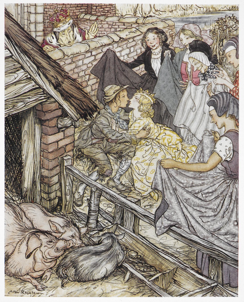 "Precis som svinherden tog den åttiosjätte kyssen", illustration till "Svinhjorden", av HC Andersen av Arthur Rackham