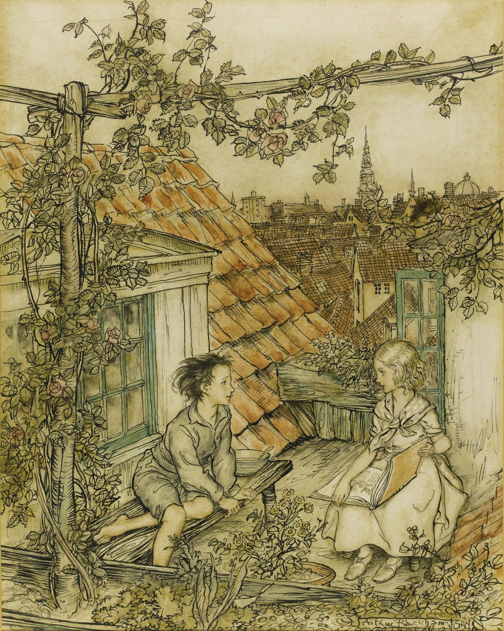 Kay och Gerda i sin trädgård högt uppe på taket. Illustration till berättelsen om Snödrottningen, 18 av Arthur Rackham