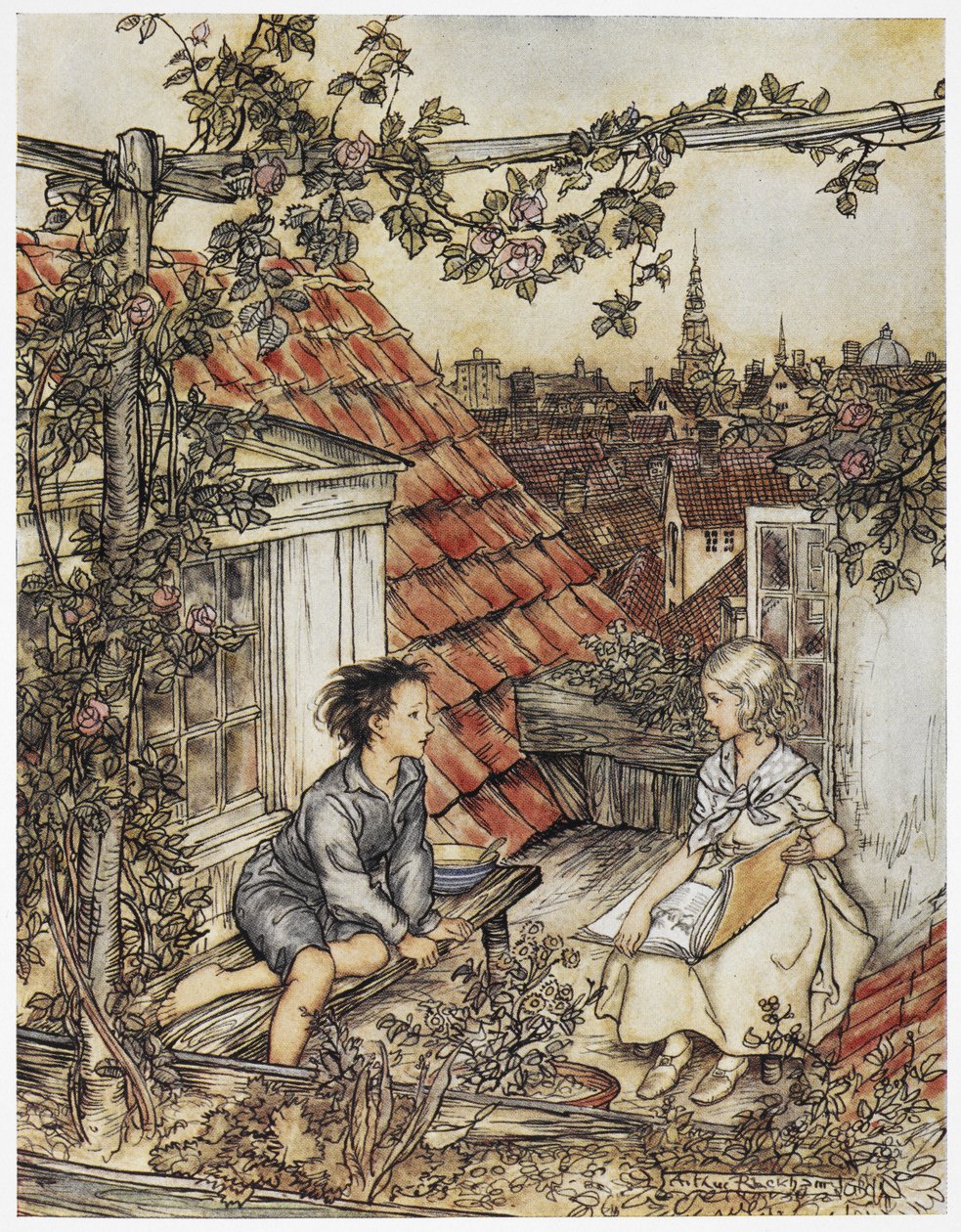 "Kay och Gerda i sin trädgård högt uppe på taket". Två barn sitter på taket av ett hus. Illustration för "den lilla flickan och den lilla pojken". av Arthur Rackham