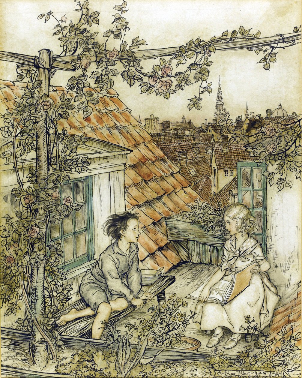 La Reine des neiges - Kay och Gerda i sin trädgård högt uppe på taket. Illustration till berättelsen om snödrottningen av Rackham, Arthur (1867-1939) av Arthur Rackham