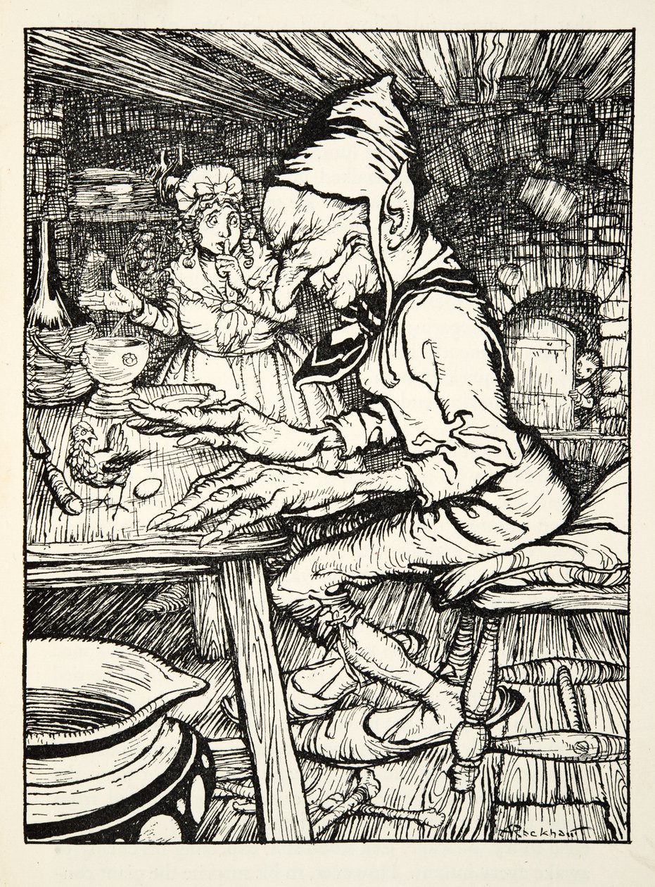 Låg!, vrålade jätten och sedan lade hönan genast ett ägg av massivt guld, från The Arthur Rackham Fairy Book, pub. 1933 av Arthur Rackham