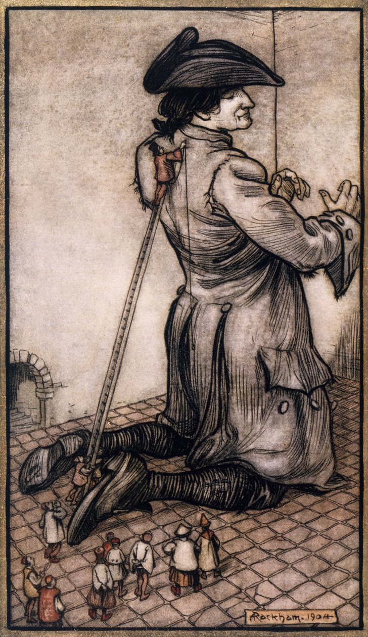 Lilliputiska skräddare som mäter Gulliver för att göra honom till en ny kostym, illustration av Arthur Rackham (1867-1939) från Gullivers resor av Jonathan Swift (Dublin) av Arthur Rackham