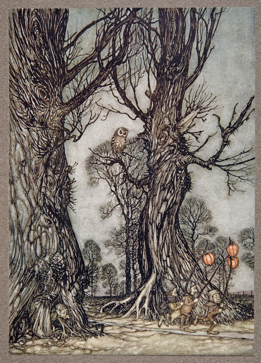 Länkmän som springer framför bärande vinterkörsbär, från Peter Pan i Kensington Gardens av J M Barrie (1860 - 1937), pub. 1906 av Arthur Rackham