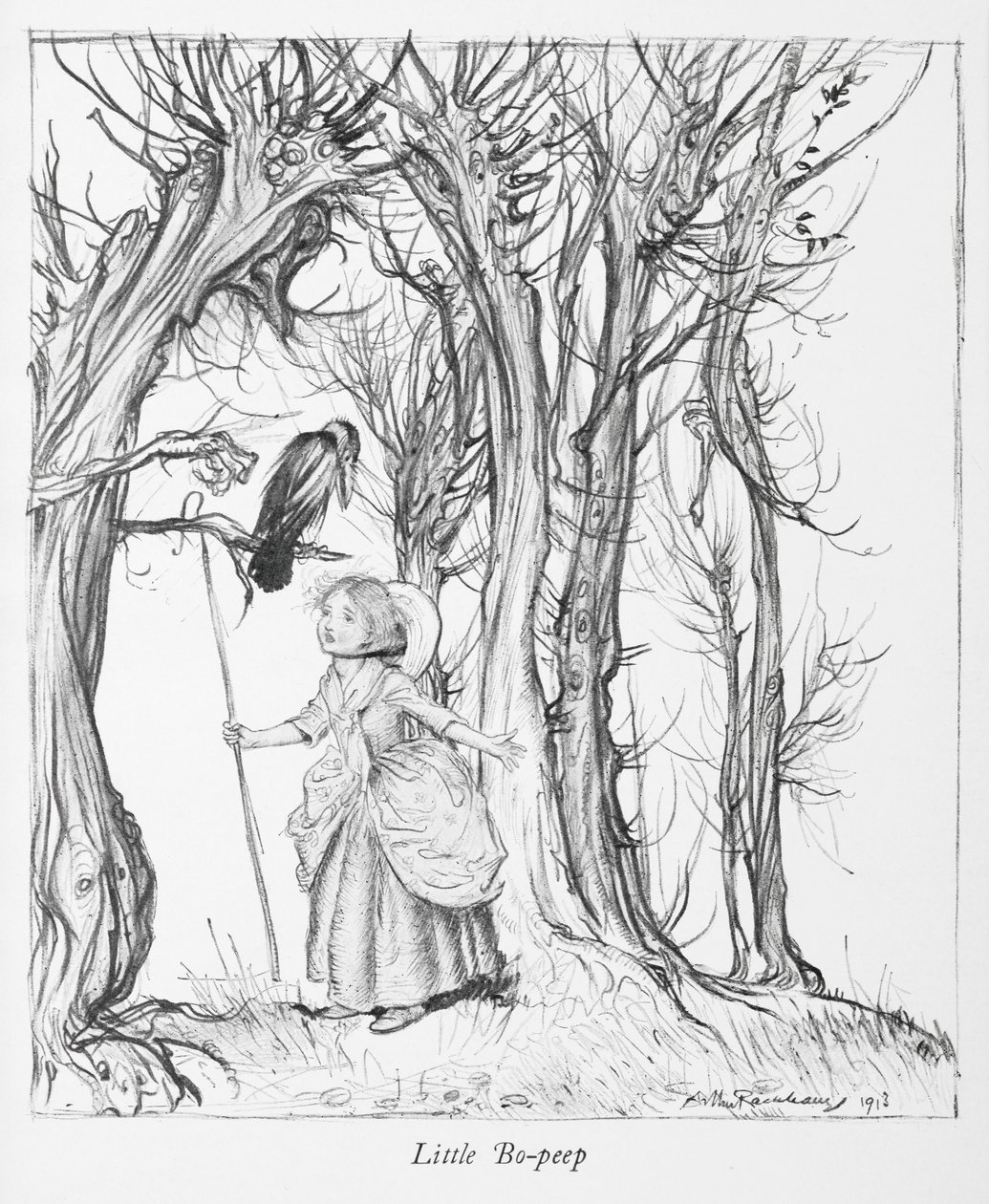 Lilla Bo-peep i en skog med en fågel. av Arthur Rackham