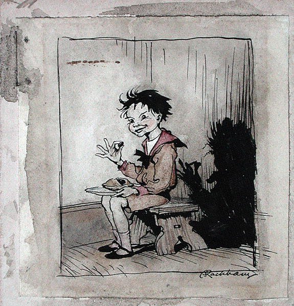 Little Jack Horner, illustration från "Mother Goose, The Old Nursery Rhymes", publicerad 1913 (penna och bläck & akvarell på papper) av Arthur Rackham