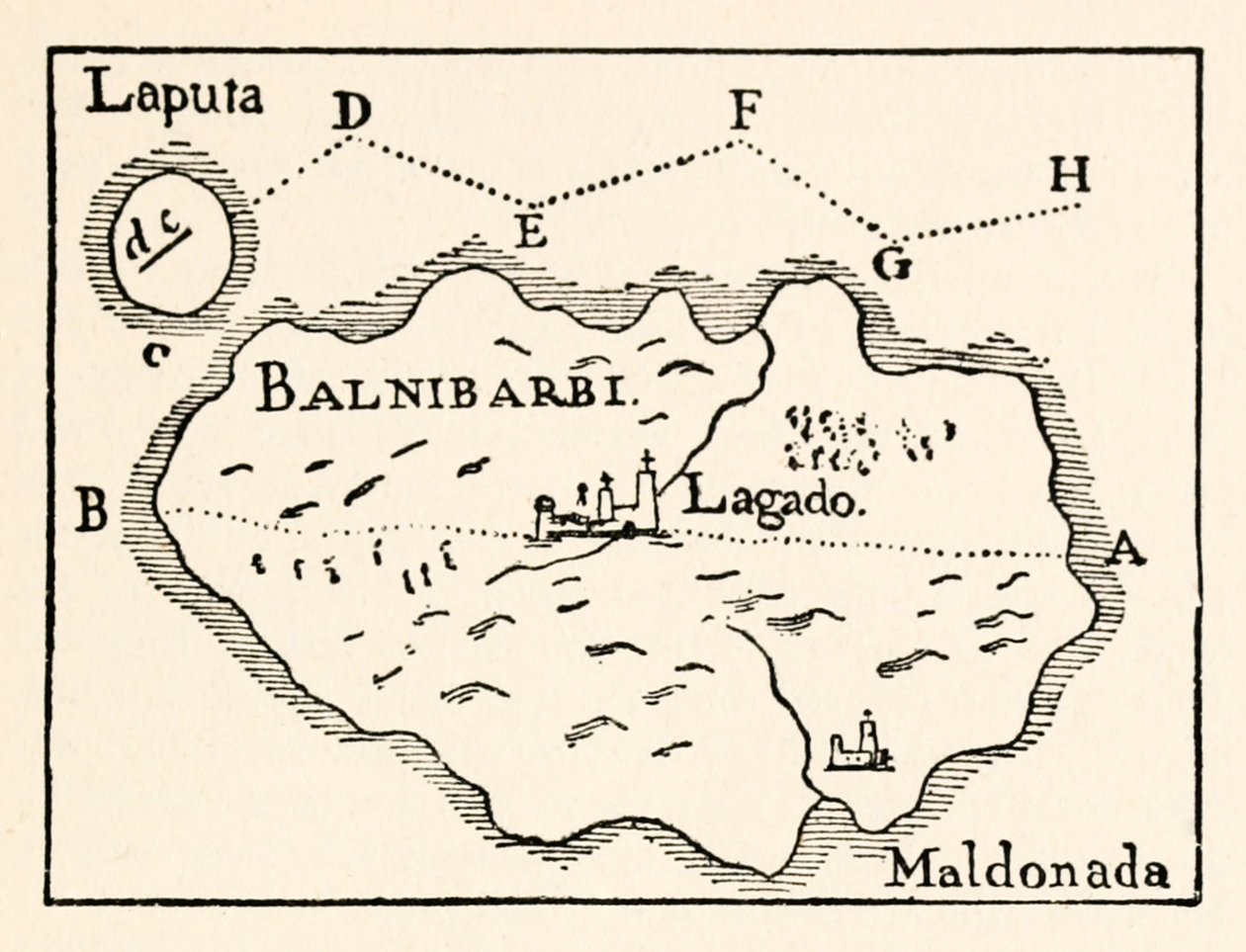 Karta över Laputa (flygande ön uppe till höger) och Balnibarbi (huvudhamnen Maldonado) från del III: A Voyage to Laputa, Balnibarbi, Luggnagg, Glubbdubdrib och Japan in Gullivers Travels av Jonathan Swift av Arthur Rackham