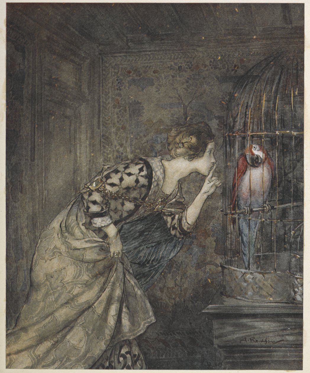 May Colvin och en papegoja i en bur. av Arthur Rackham