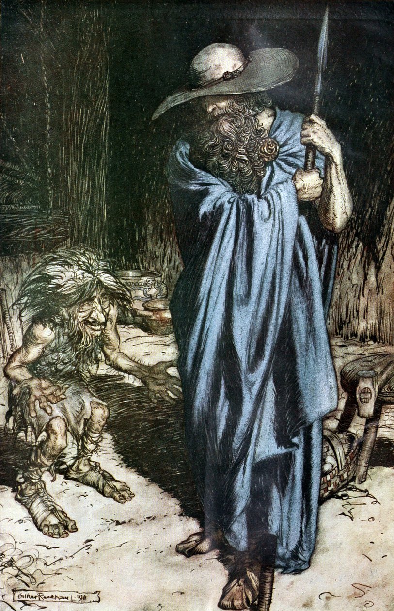 Mime och vandraren. Illustration för Siegfried och The Twilight of the Gods av Richard Wagner, av Arthur Rackham