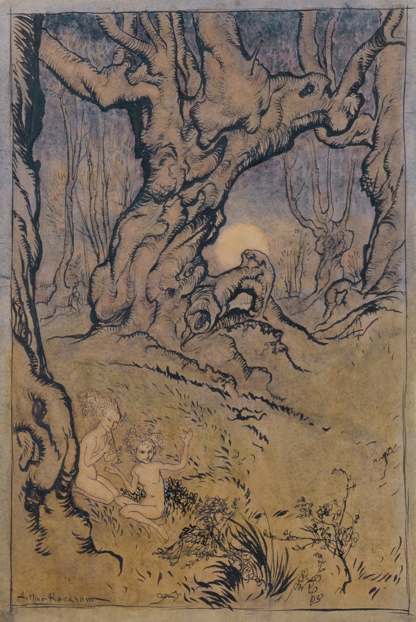 Moonlight Fairies in a Wood (penna och bläck, wc och gouache) av Arthur Rackham