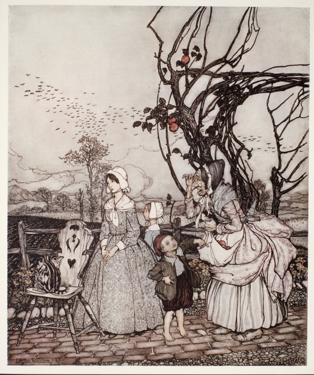 Mor och barn som kommer tillbaka från att plocka äpplen, från Rip Van Winkle av Washington Irving, pub. 1910 av Arthur Rackham