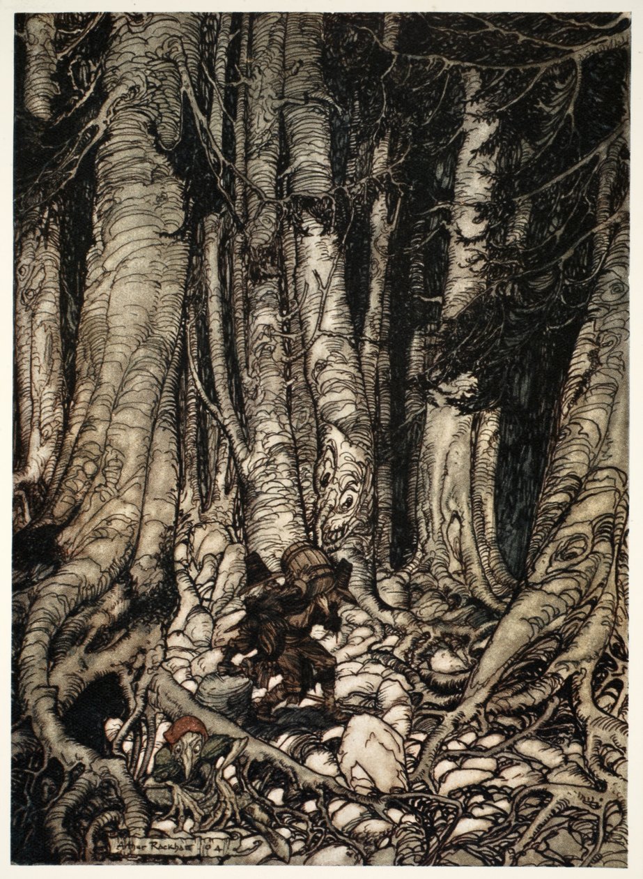 För att ömsesidigt avlösa varandra klättrade de uppför en smal ravin., från Rip Van Winkle av Washington Irving, pub. 1910 av Arthur Rackham