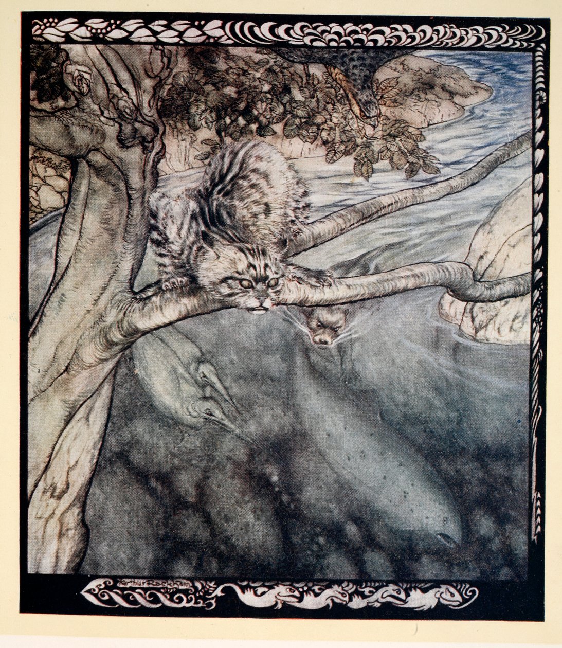 "Mitt liv blev ett oupphörligt sus och sår och flykt, en börda och ångest av vaksamhet", illustration från "Irish Fairy Tales" av James Stephens, 1920 av Arthur Rackham