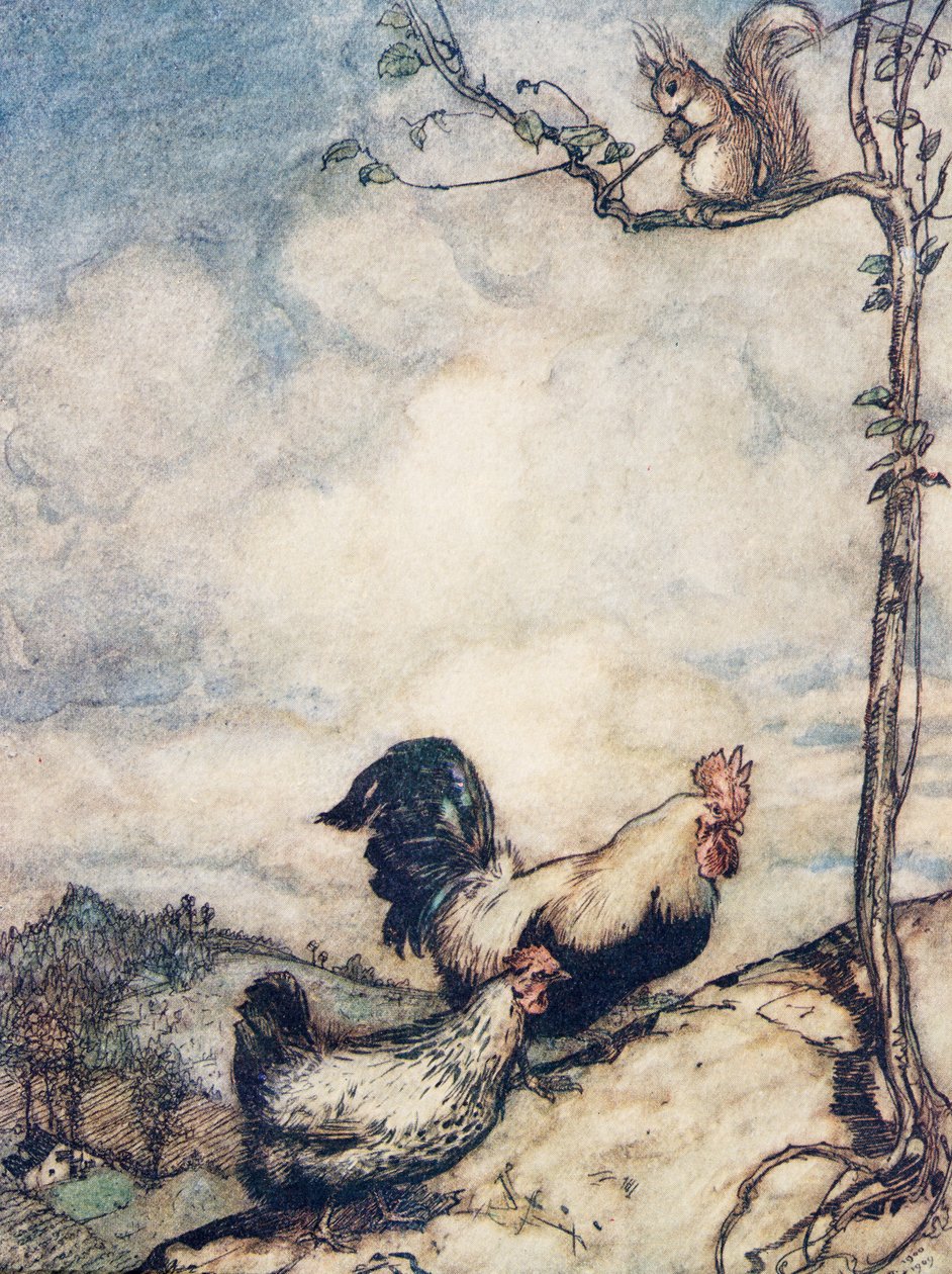 Nu ska vi gå upp för backen och ha en god fest innan ekorren bär iväg alla nötter.., från Bröderna Grimms sagor, pub. 1909 av Arthur Rackham