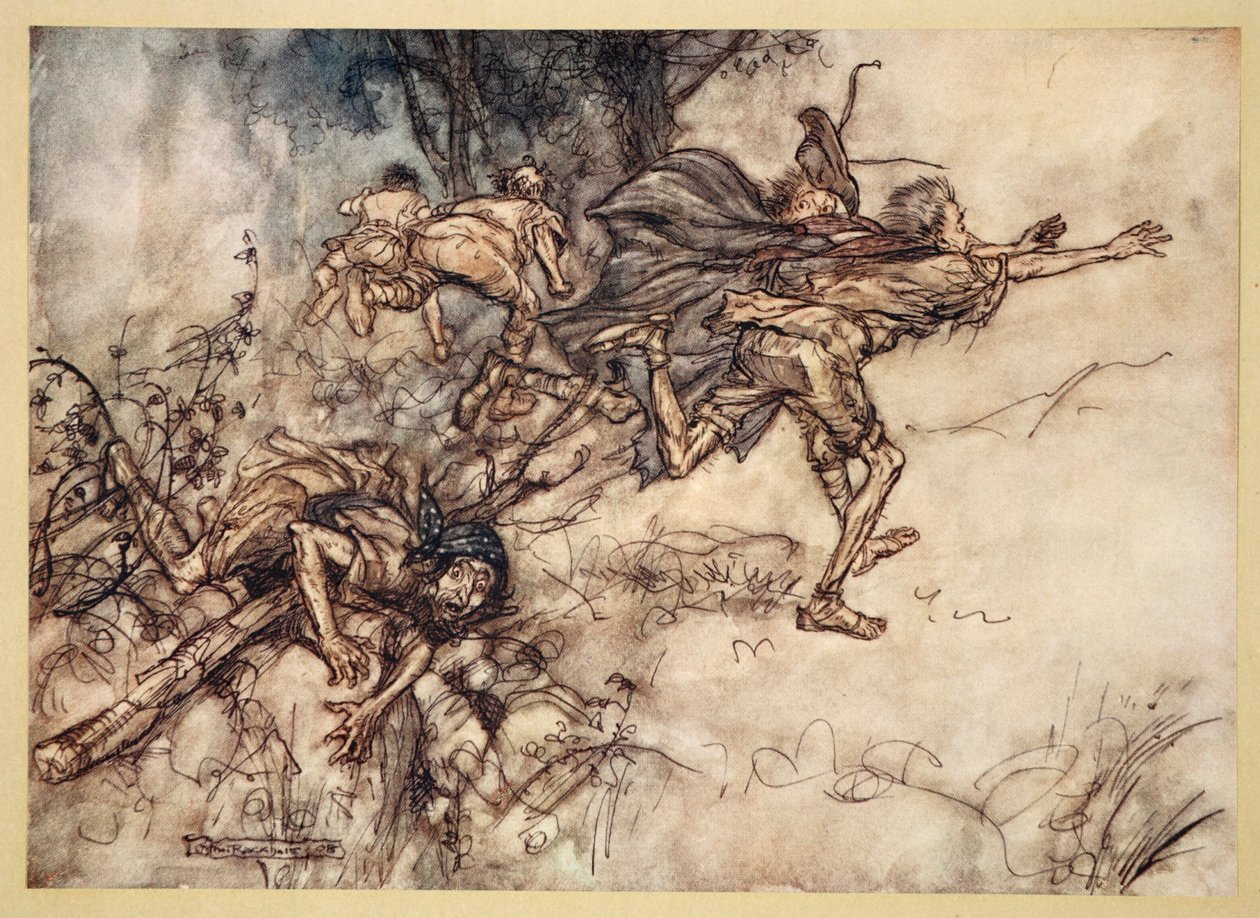 O monstruösa! O märkliga! vi är hemsökta. Be, mina herrar! Flyg, mina herrar! Hjälp!", illustration från William Shakespeares "Midsommarnattsdröm", 1908. av Arthur Rackham