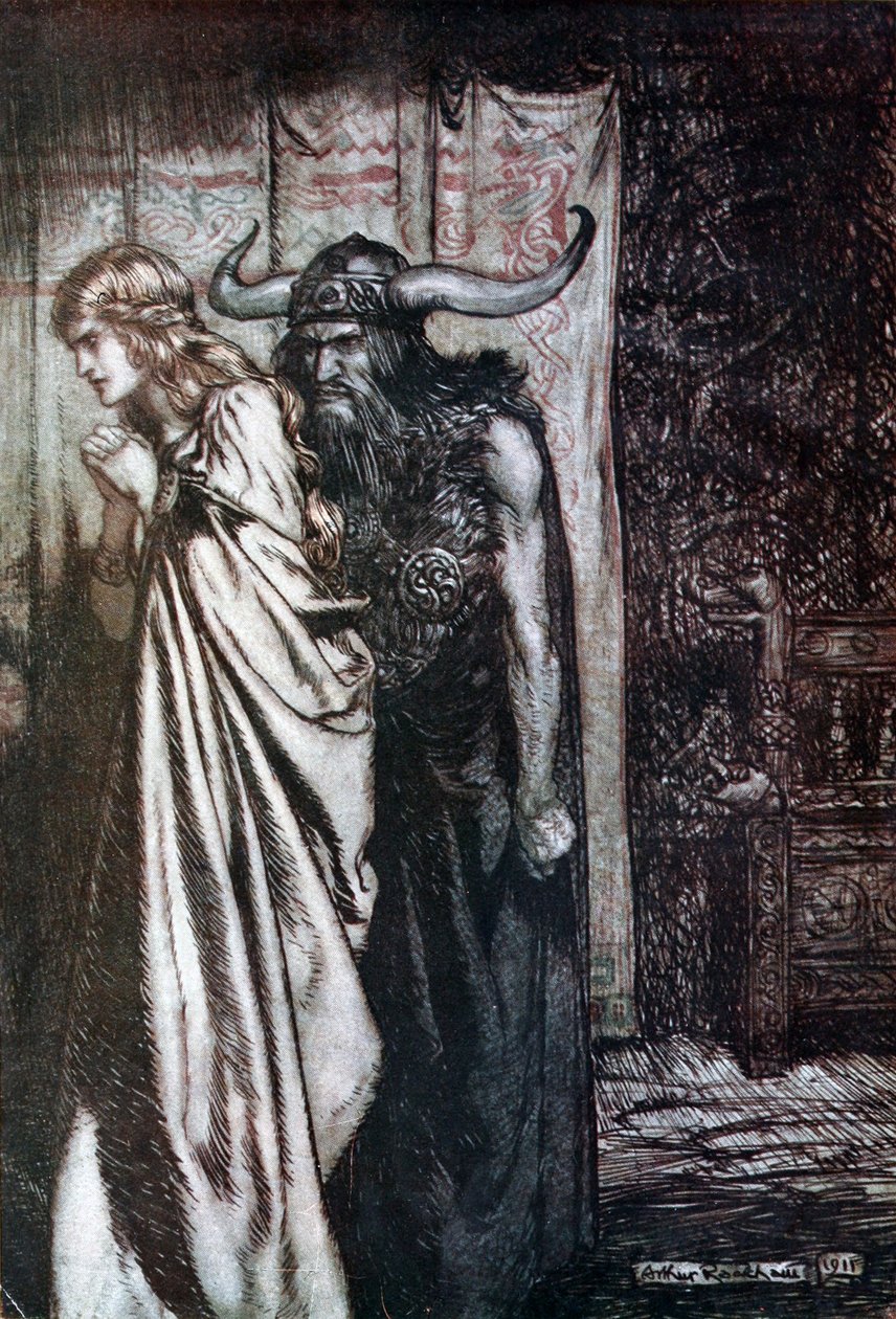 O hustru förrådd jag ska hämnas de litar på bedragen! Illustration för Siegfried och The Twilight of t av Arthur Rackham