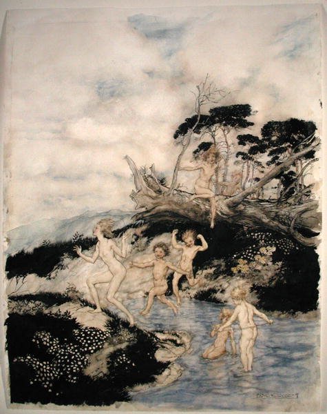 "Åh vilken bra tid att vara vid liv", illustration från "A Wonder Book" av Nathaniel Hawthorne, publicerad 1922 (penna och bläck & akvarell på papper) av Arthur Rackham