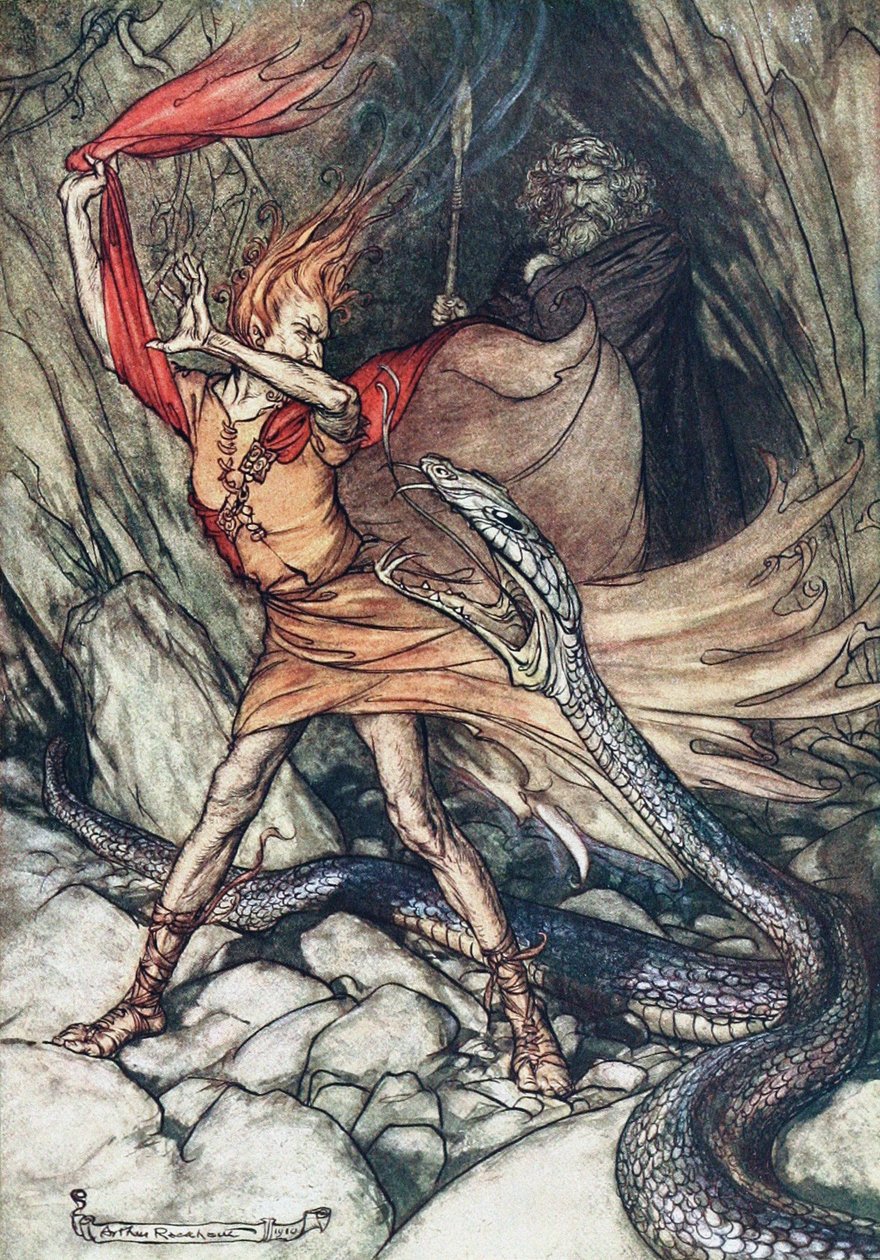 Åh! Åh! Fruktansvärd drake, åh, svälj mig inte! Illustration till The Rhinegold and The Valkyrie av av Arthur Rackham