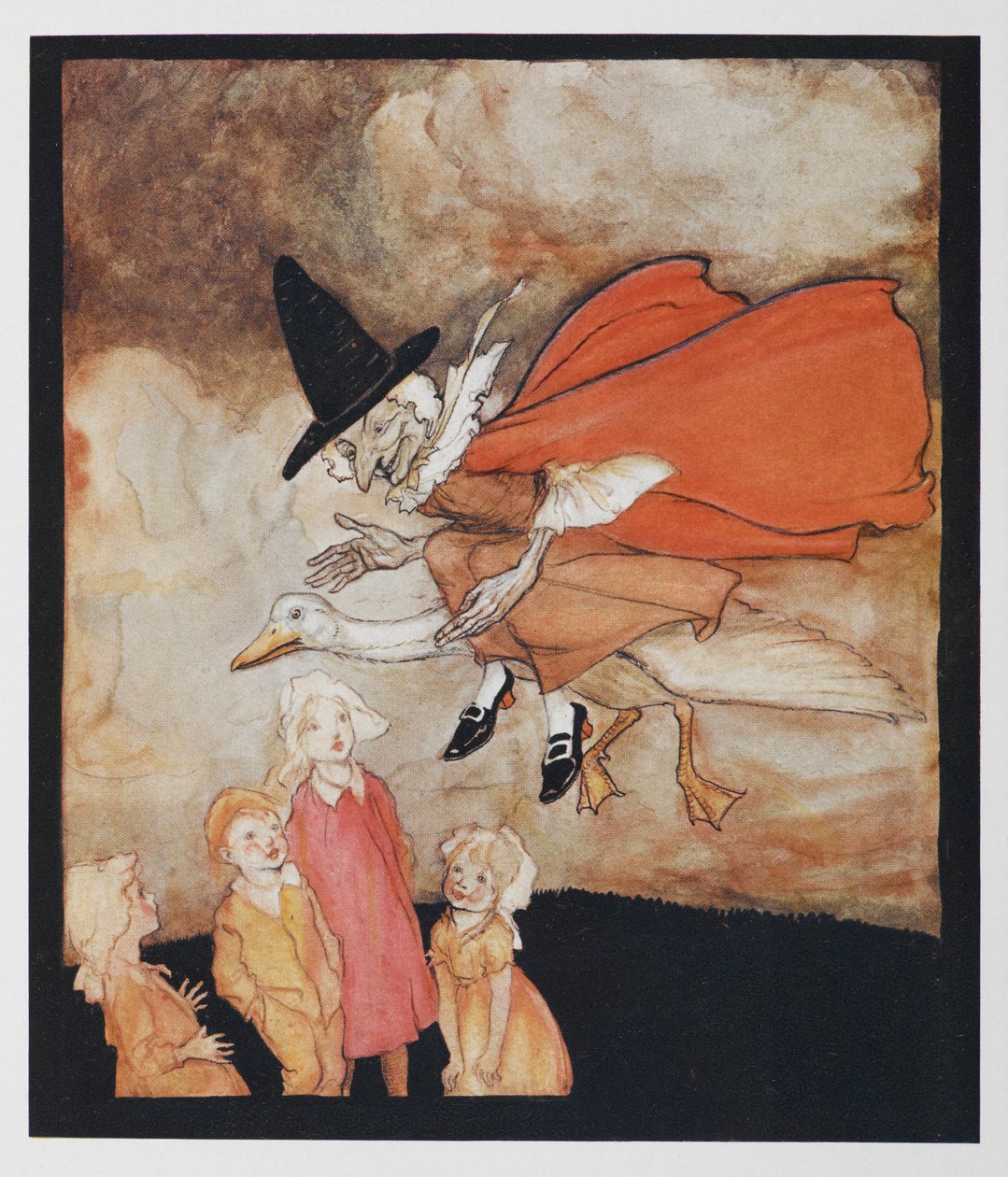 Gammal gåsmor, flyger över några barn i röd cape och svart hatt. av Arthur Rackham