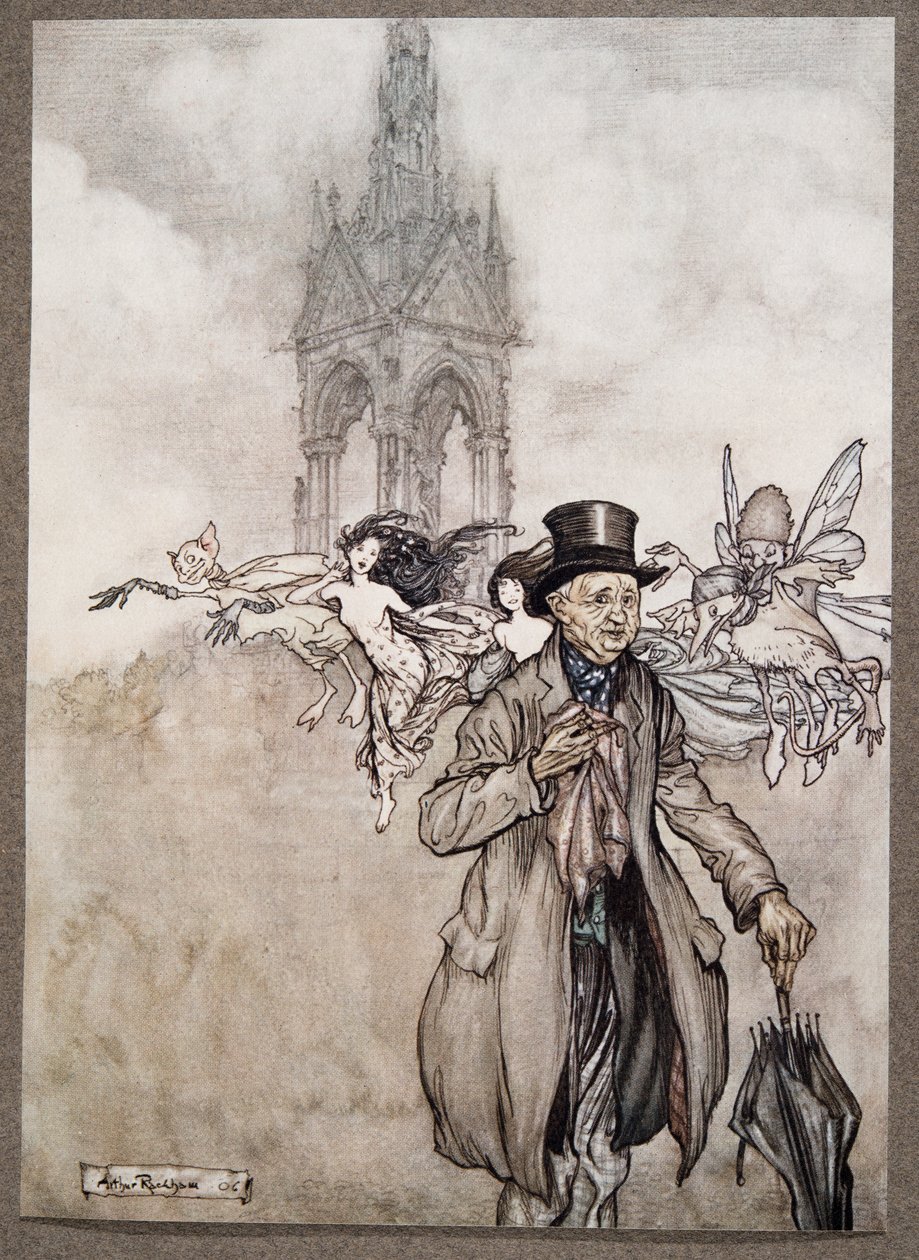 Gamle Mr Salford var ett krabba-äpple av en gammal herre som vandrade hela dagen i trädgårdarna, från Peter Pan i Kensington Gardens av J M Barrie (1860 - 1937), pub. 1906 av Arthur Rackham