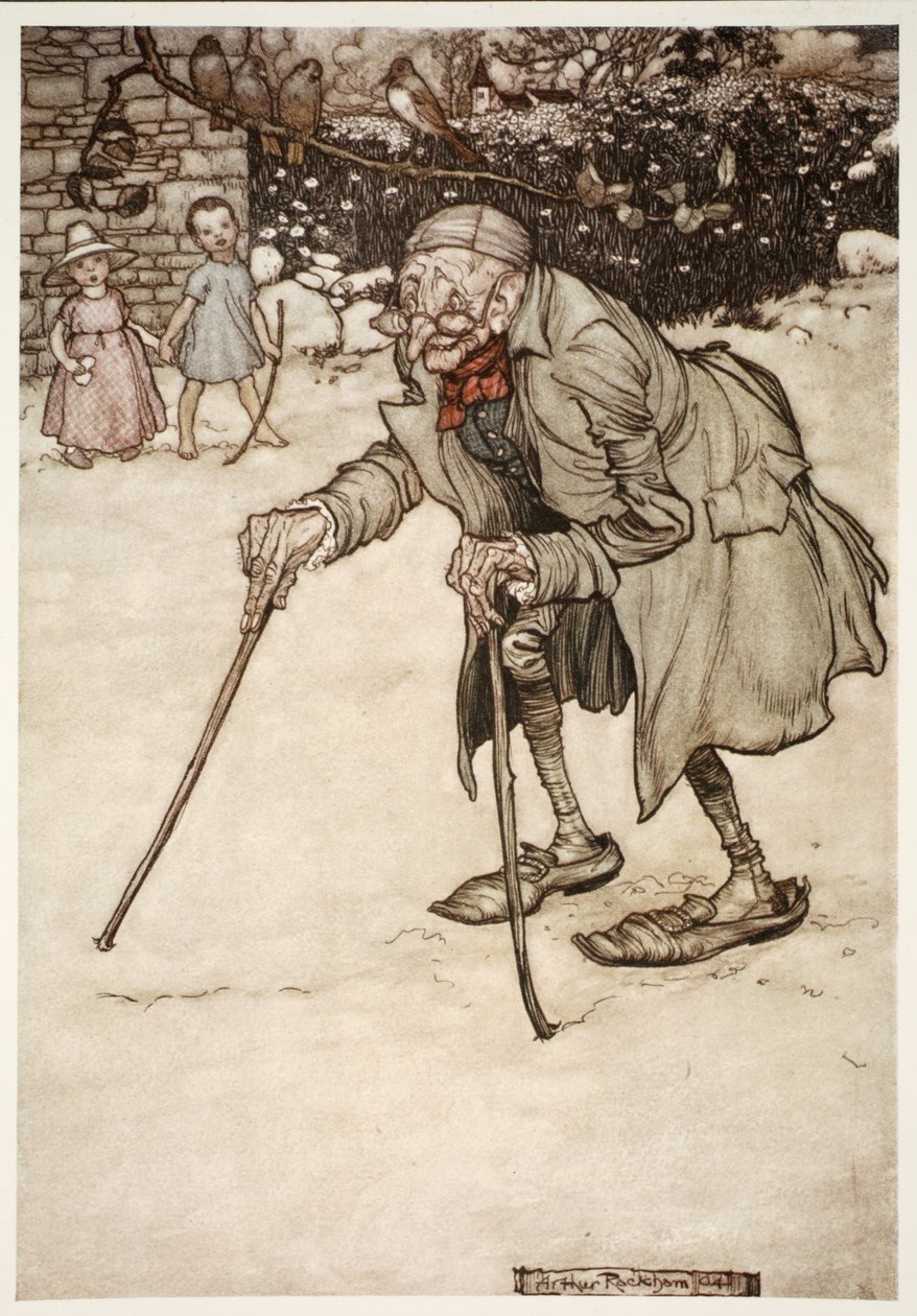 Gammal man med två pinnar, från Rip Van Winkle av Washington Irving, pub. 1910 av Arthur Rackham